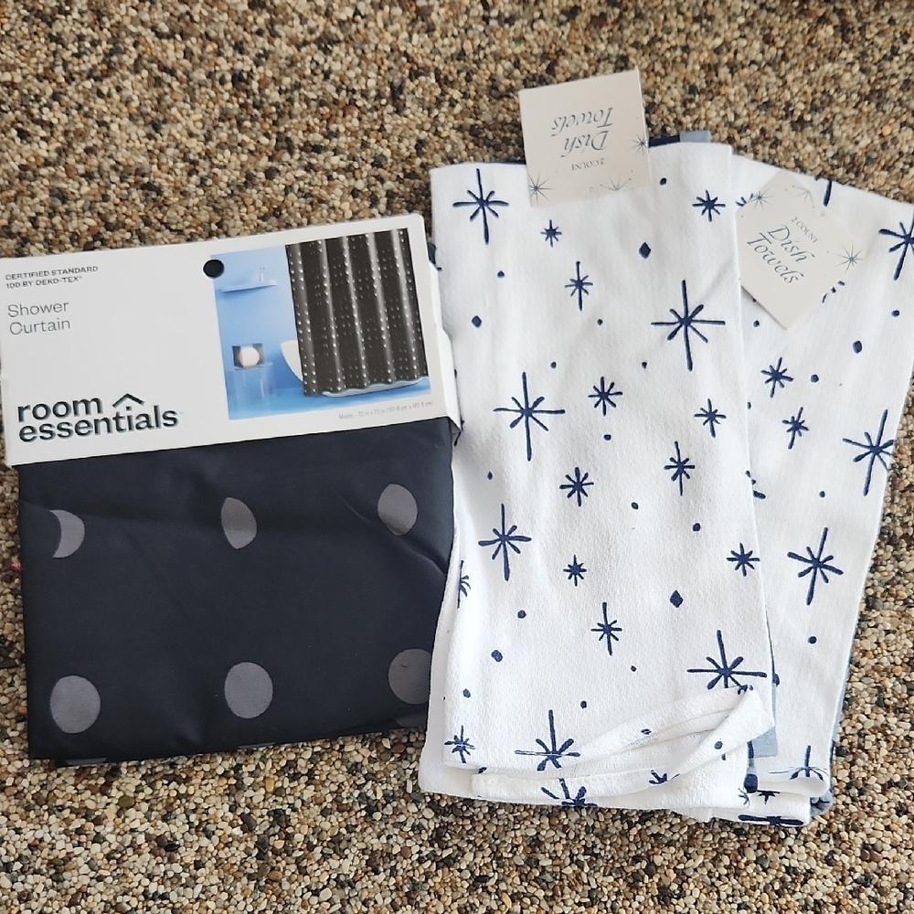 Room Essentials Shower Curtain and 2 Packs Of Dish Towels
